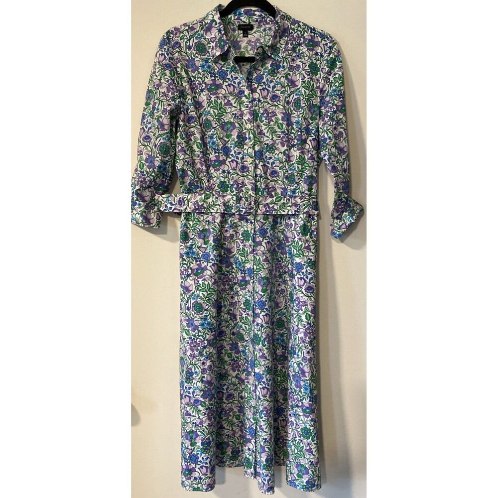 Talbots Women’s Sz 8 Floral Shirt Dress Belted Cotton Midi Purple Green Blue (V4
